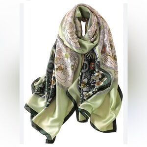 FAIRYGATE Silk Scarf Floral Large Foulard 35”x70” Green Pink Yellow Orange White